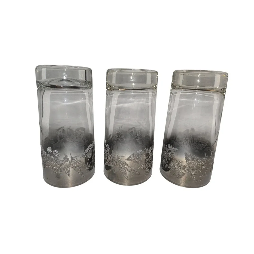 Vintage Silver Rim Highball Glasses Floral Leaf Design Set of‎ 3 Barware